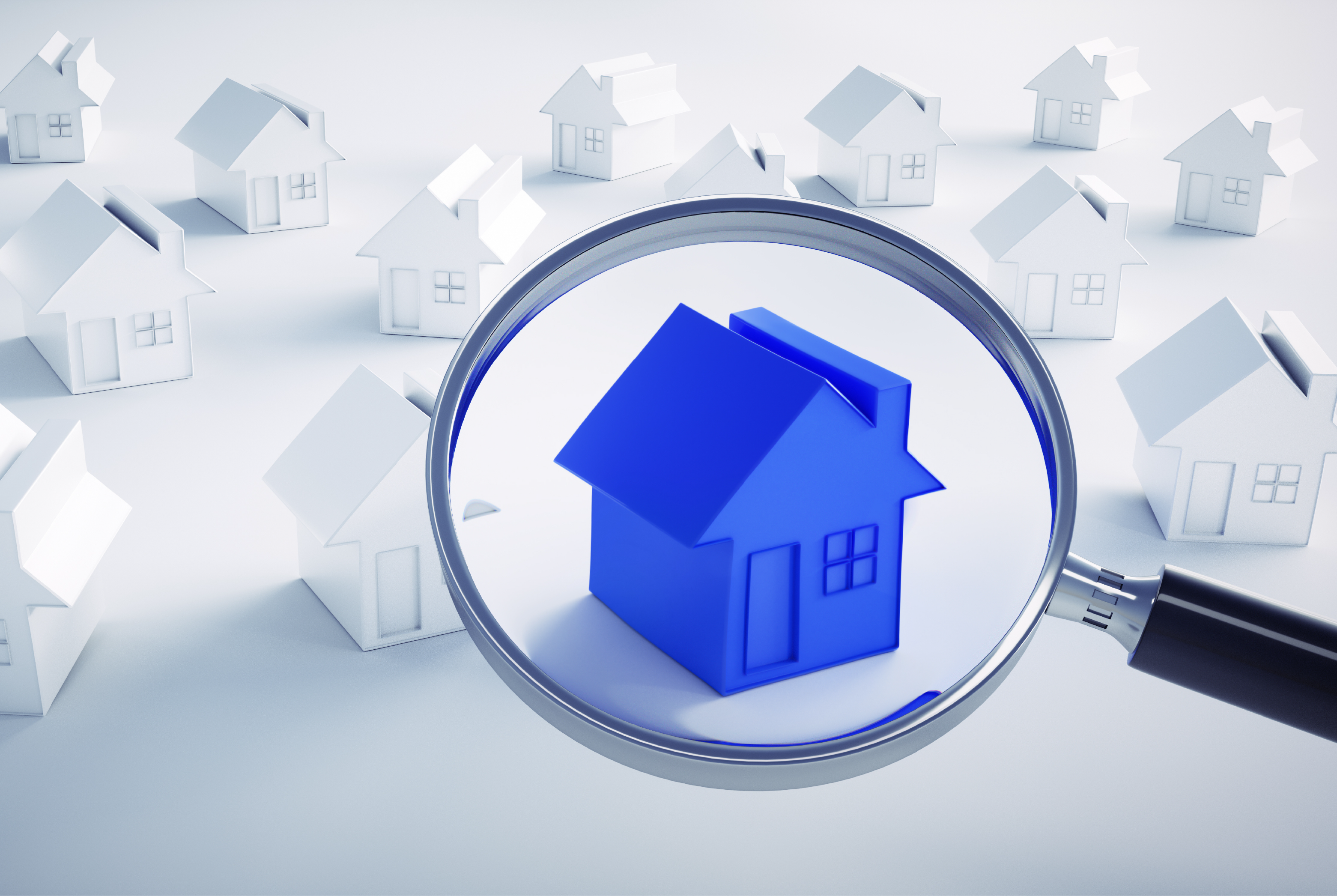Blue House maginfied under magnifying glass with other houses in white. Judicial Research is most reviewed for Current owner and title search services: two owner, full title search, GAP DEED Retrieval and more.